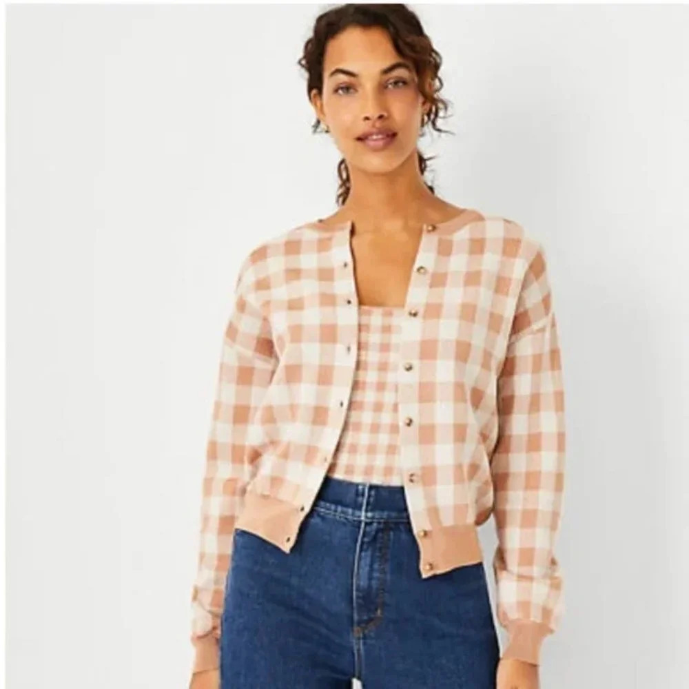 Ann Taylor Cream and Tan Checked Button Front Cardigan Sweater in Size XL